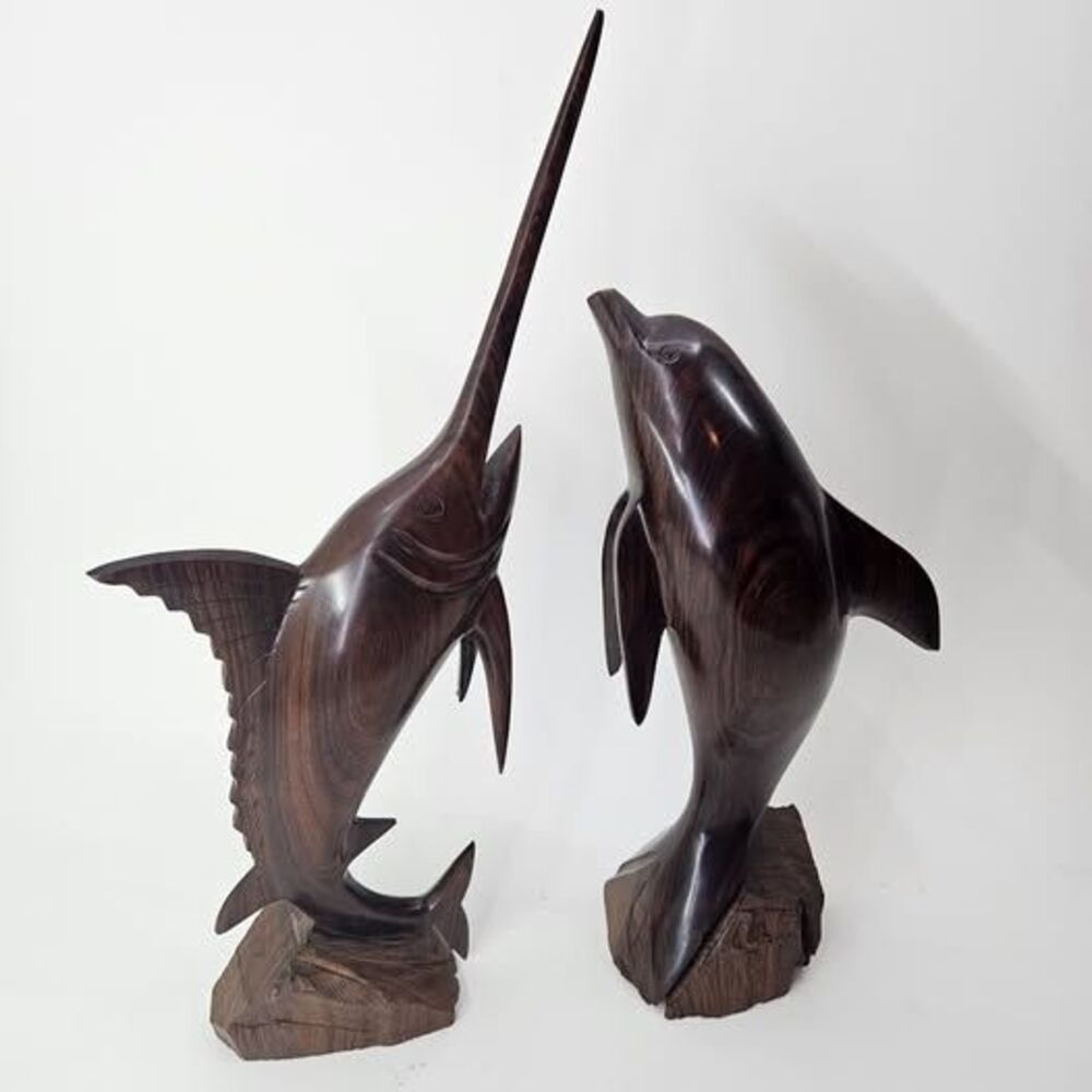 Carved Ironwood Dolphin and Swordfish set of statues 14 inch beautiful!